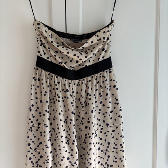THEORY 100% Silk Cream with Black Dots Strapless Ruffle Minidress, Size 2 - Picture 2 of 4